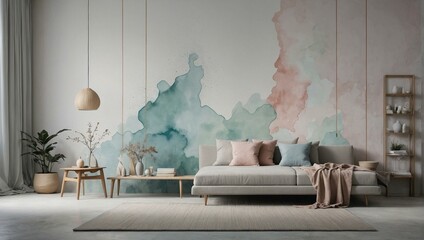 Modern living room with watercolor pastel wall mural and cozy decor