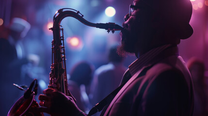 Close-up of a saxophonist lost in the rhythm at a smoky jazz club.