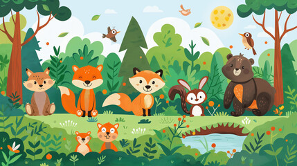 Cartoon forest animals. Summer woodland with bear, fox and wolf, hare and beaver in stream, squirrel and badger, owl and woodpecker, snake. Trees and bushes. Vector illustration. Wildlife environment.