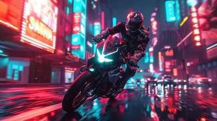 Muscular Hero in Advanced Armor Cycling Past Holographic Billboards in a Vibrant City