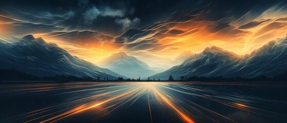 Abstract depiction of a mountain landscape with a vivid, fiery sunset and dynamic light streaks across the scene.