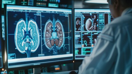 Radiologists work to diagnose and treat virtual human kidneys on a modern screen interface.
