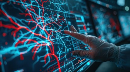 Radiologists work to diagnose and treat virtual human vascular disease on a modern screen interface.