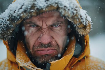 portrait of a man in a yellow jacket with a fur hood looking at the camera with a serious expression