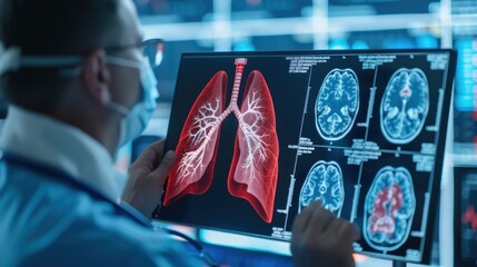 Radiologists work to virtually diagnose and treat human lung disease on a modern screen interface.