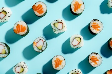 Top view of sushi pieces. Blue background. Symmetrical pattern