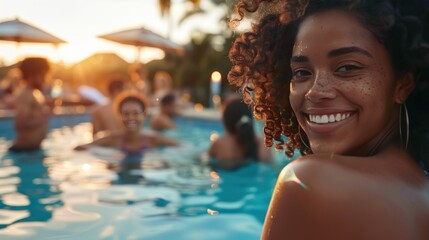 Smiling woman hanging out with friends at poolside bar