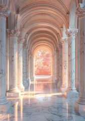 Marble Columns and Pink Sky in a Long Corridor