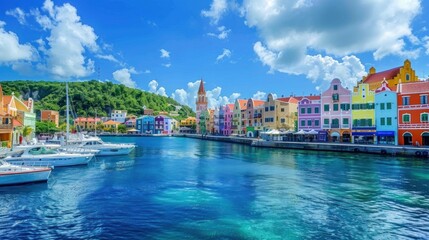 Obraz premium A panoramic view of a scenic coastal town with colorful buildings, boats, and a vibrant harbor, inviting viewers to explore and relax.