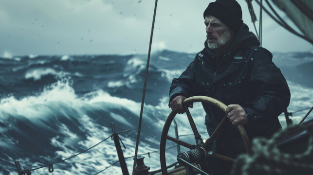 Seasoned sailor steering a boat through stormy sea conditions.