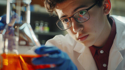A teen scientist peers through protective eyewear, intensely focused on a chemistry experiment.