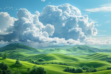 Fototapeta premium Rolling Green Hills with Blue Sky and White Clouds