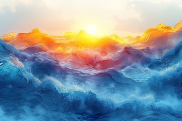 Abstract ocean wave with sun and sky, curvy lines and fluid swirls. Copy space, backdrop for text - Powered by Adobe