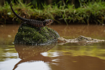 Lizard and crocodile coexisting in wetland habitat