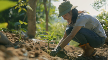 Joyful gardener planting a young tree in soil, surrounded by lush greenery.