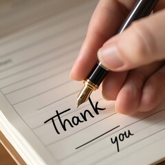The inscription "Thank you" with an office pen on paper or notepad. Thank You Message