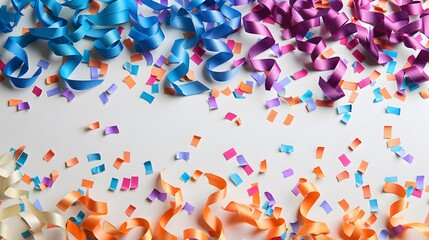 Multicolored confetti and streamers on isolated background with empty space