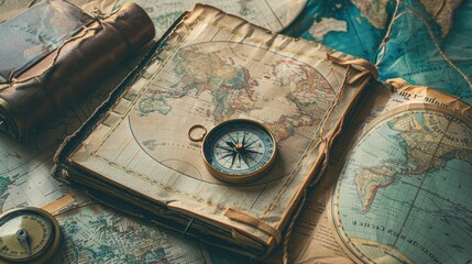 A wooden table displays an open book with a map, compass, and intricate circle pattern on the...