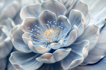 floral sculpture made of porcelain and gold, glass flower, pastel blue color, closeup, photorealistic // ai-generated 