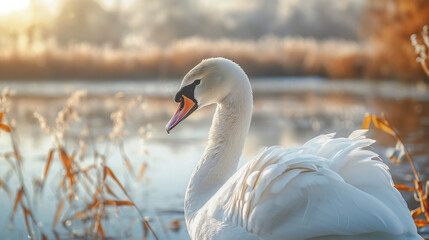 Fototapeta premium White swan in the wild. Beautiful extreme close-up.