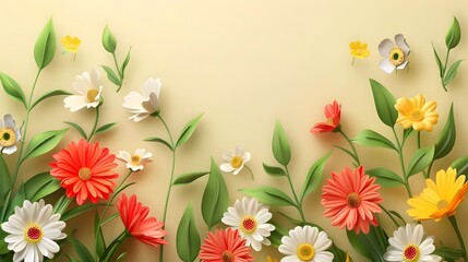 3D background with flowers. Summer floral illustration