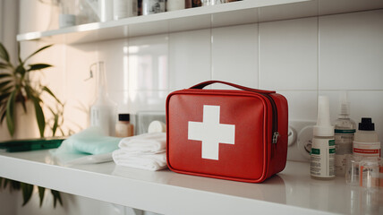 A first aid kit on the wall in a bright bathroom