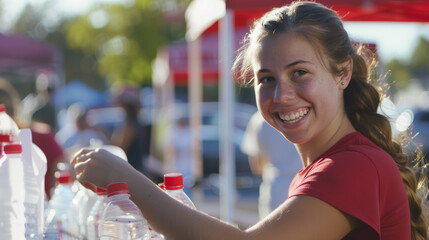 A volunteer's sunny disposition shines as she assists at a community event.