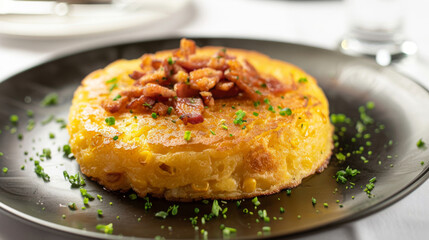 Savory venezuelan cachapa with crispy bacon on a black plate, adorned with fresh, finely chopped herbs