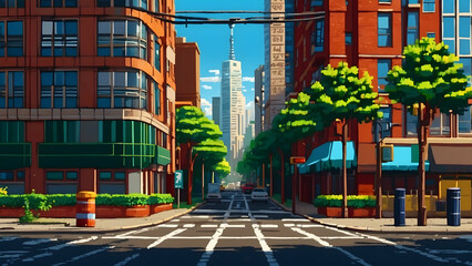 Fototapeta premium An artistic, digital depiction of an urban street featuring bold colors and geometric shapes in a cartoon style