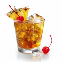 Pineapple Cherry Cocktail with Ice Isolated on a White Background. Generative AI.