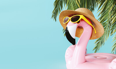 Pink flamingo with hat and sunglasses on turquoise blue background with copy space. Summer travel concept design. 3D Rendering, 3D Illustration