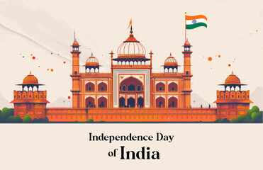 Obraz premium Illustration of the Red Fort with the Indian flag, celebrating India's Independence Day