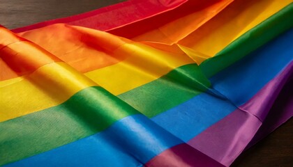 Obraz premium raised, shiny lgbt flag with bright colors, graphic, background close-up, pride month