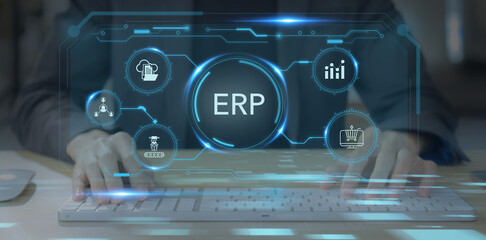 AI ERP system, Enterprise Resource Planning technology. Efficiency solution managing business value chain, automate operational processes, react in real time, automatic updates, data driven decisions.