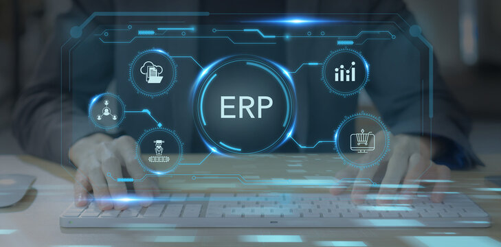 AI ERP system, Enterprise Resource Planning technology. Efficiency solution managing business value chain, automate operational processes, react in real time, automatic updates, data driven decisions.