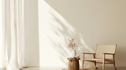 Minimalistic interior with wooden chair, small table, and natural decor on a sunlit wall, creating a serene and cozy atmosphere.