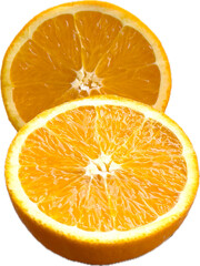 Half of fresh orange fruit that has juicy pulp. Sliced cut of navel orange fruit on white background.