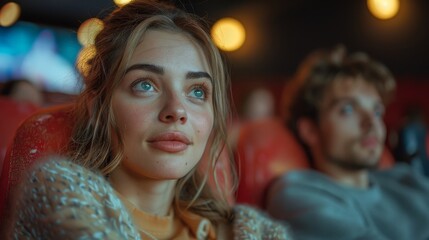 Fototapeta premium A man and a woman are sitting in a movie theater, watching a movie