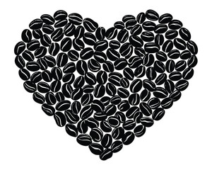 Roasted coffee beans forming a heart, love caffeine symbol vector design