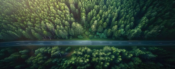 A long road traversing through a grove of green coconut trees, creating a lush green tunnel effect