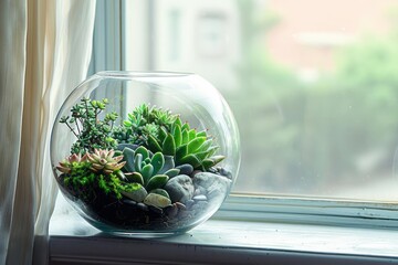 A neatly composed glass terrarium with a selection of mini succulents stones and moss sitting on a windowsill with sheer curtains