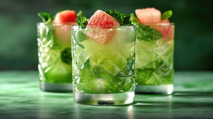   Two glasses of drinks with fruit on top and mint on the bottom