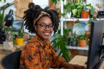 A young woman sitting at her office desk maintaining an upright posture while working on a computer