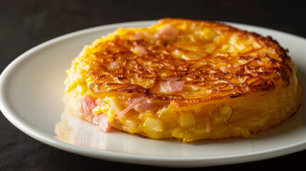 Savory and sweet venezuelan cachapa topped with melting cheese and slices of ham, served on a white plate, classic cuisine