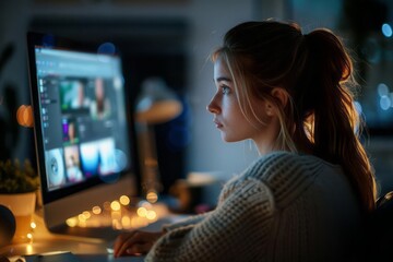 A young woman sitting at her office desk maintaining an upright posture while working on a computer