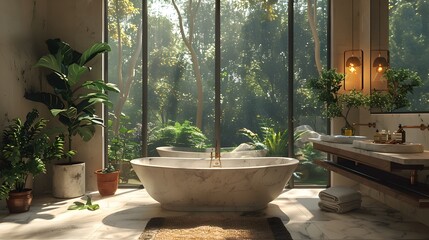 Serene OpenConcept Bathroom with Panoramic Nature Views in Ethereal Lighting