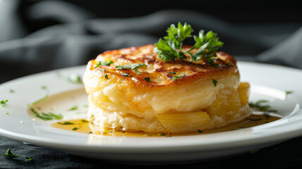 Traditional venezuelan cachapa with melted cheese and herbs, served on a white plate against a dark, elegant backdrop