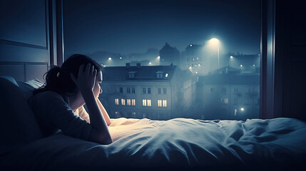 Concept of insomnia. Woman does not sleep at night in bed in light of moon. AI generated.