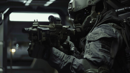 Naklejka premium Close-up of a tactical soldier aiming a rifle in a dim environment.