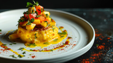 Modern twist on a traditional venezuelan cornmeal arepa with fresh tomato, mango, and herbs: a gourmet fusion of flavors